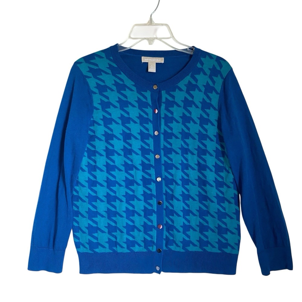Banana Republic Silk Blend Cardigan Women L Blue Houndstooth Academia Retro Twee - Picture 1 of 8